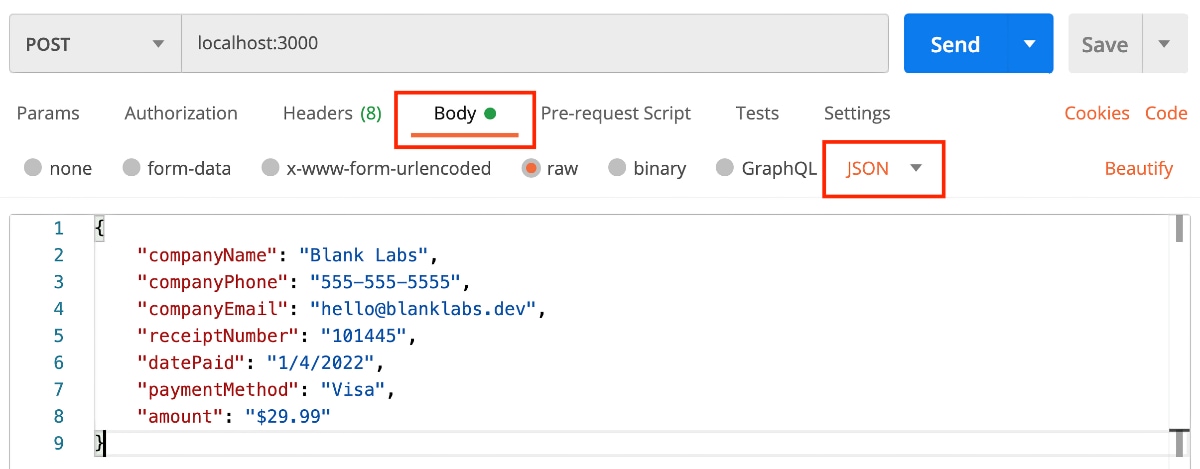 Example POST request in Postman setting body as JSON